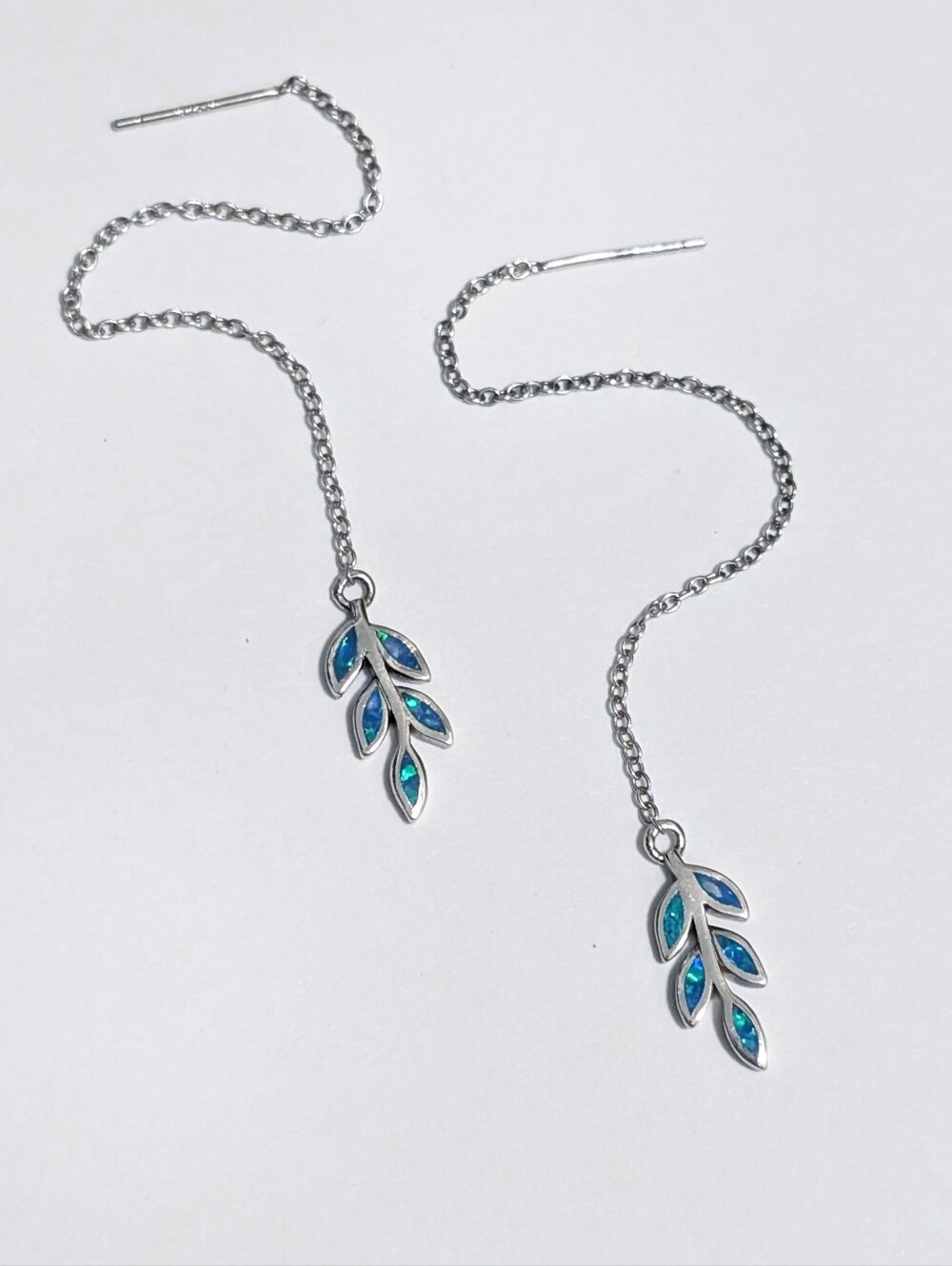 Sterling silver threader earrings dangle Lab opal inlay leaf leaves Stamped 925